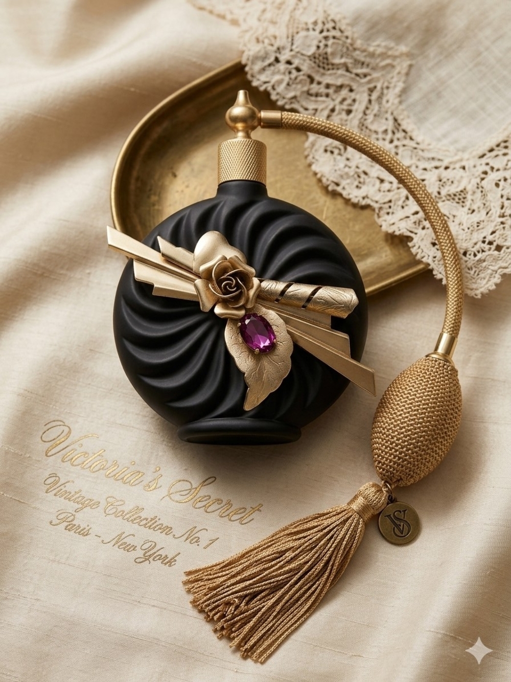Victoria's Secret Black & Gold Atomizer Perfume Bottle with Purple Jewel